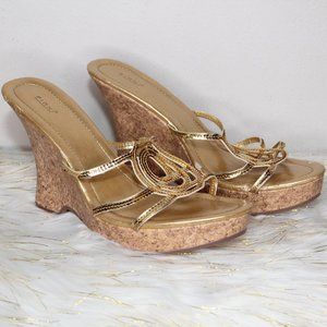 Fioni Gold Sequin Cork Wedges